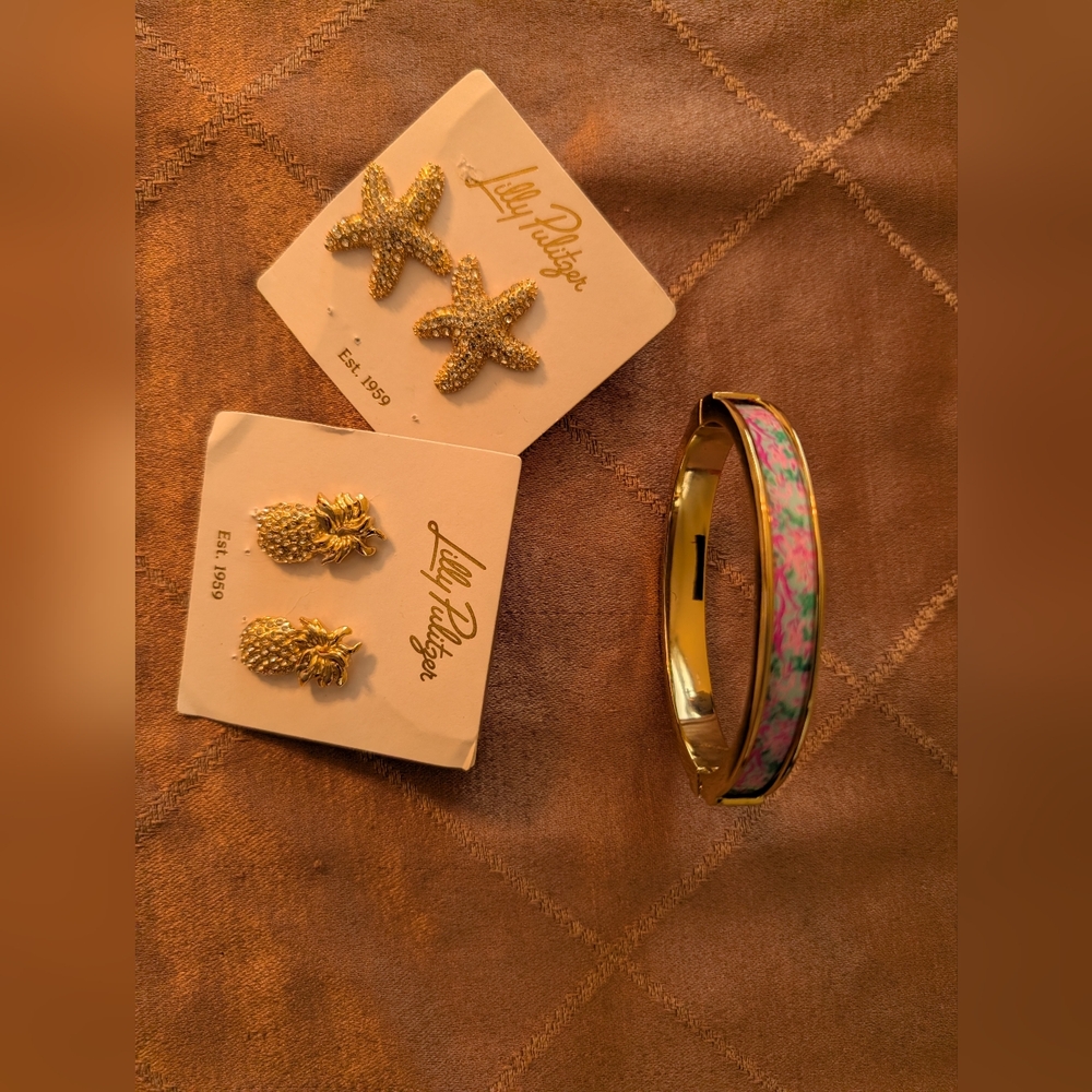 Lilly Pulitzer Seaweed Samba Bangle, Starfish & Pineapple Stud Earrings 3 pc set - Picture 2 of 12
